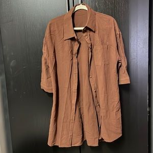 SHEIN Long Button Down Short Sleeve Blouse - Brown - Large